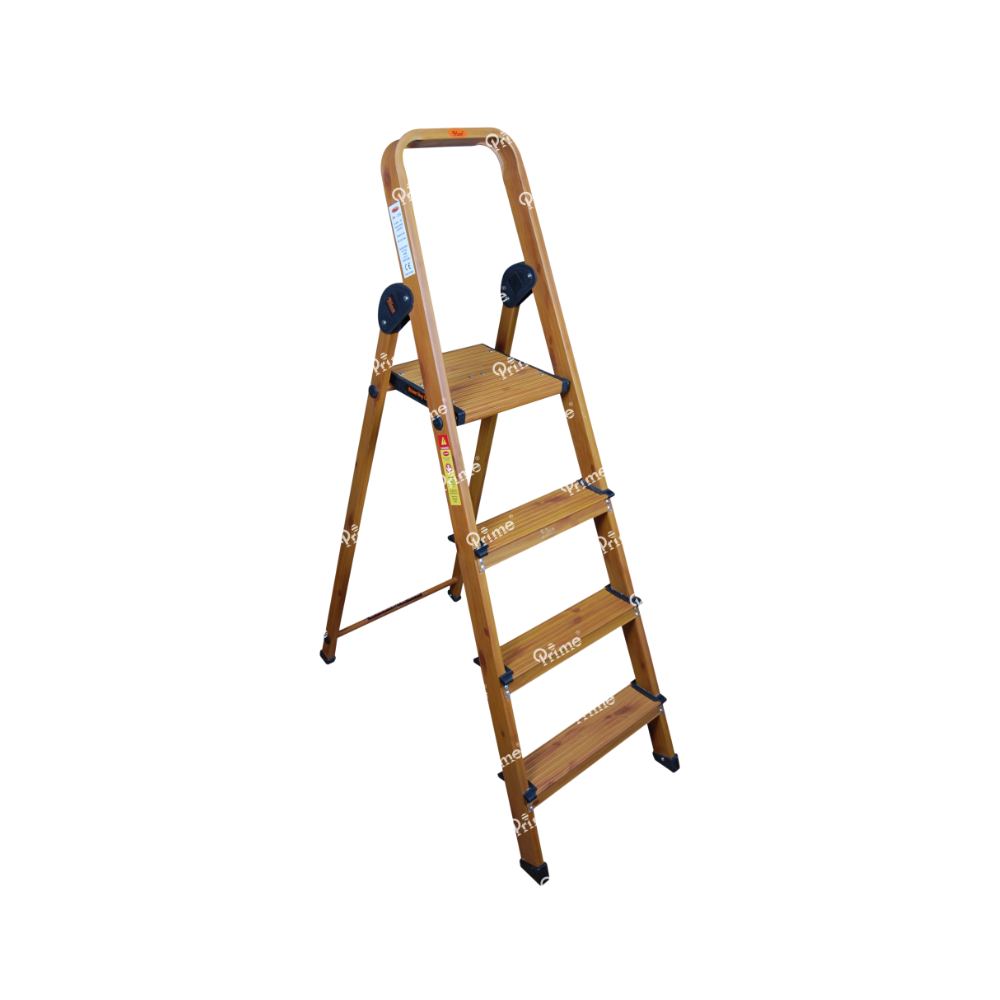 Prime Safe Step Wood-Finish Foldable Aluminum Ladder with Serrated Steps & Extra Strong Platform